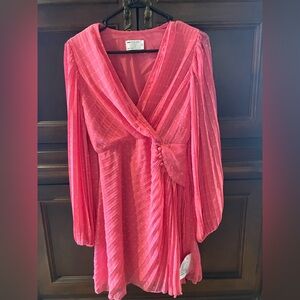ASOS Boutique Bright Pink Pleated Wrap-Front Dress Lined Long Puff Sleeves Sz 4